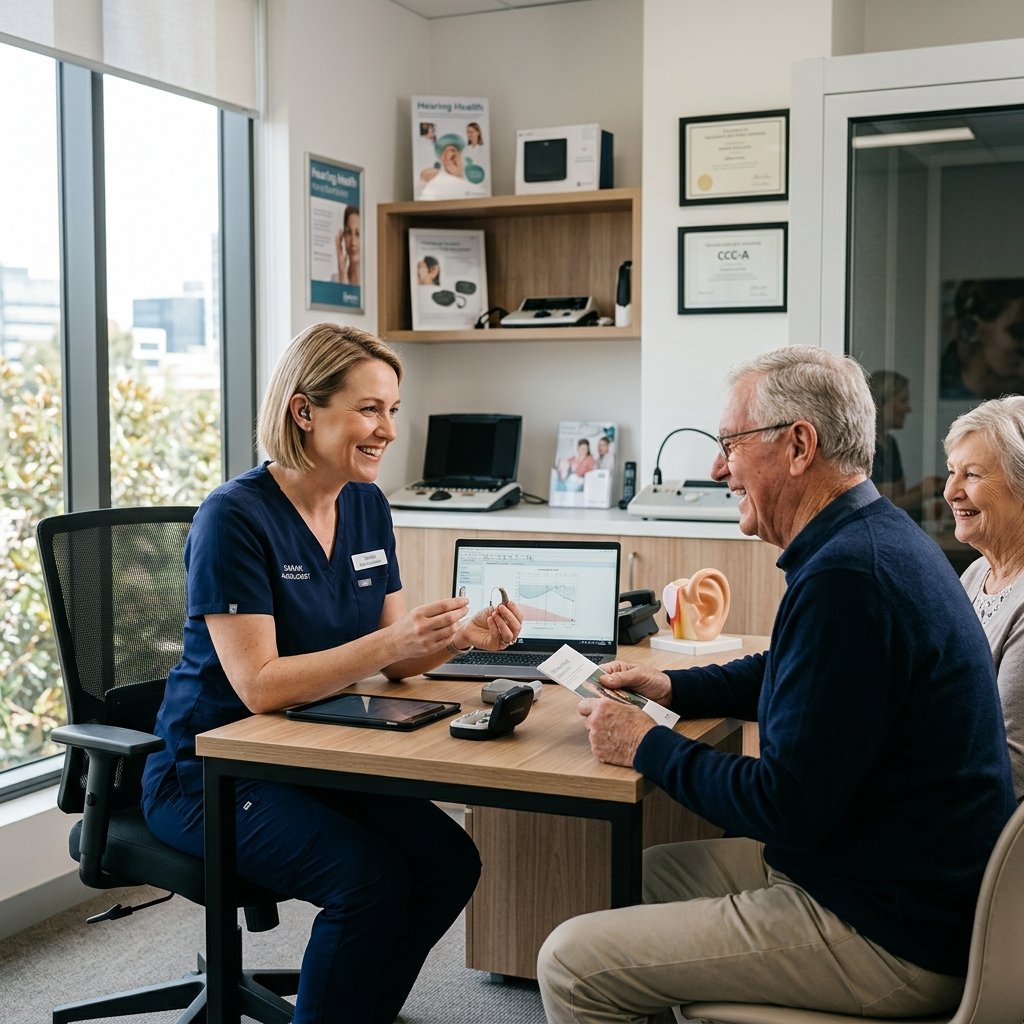 Audiologist interacting with a smiling patient